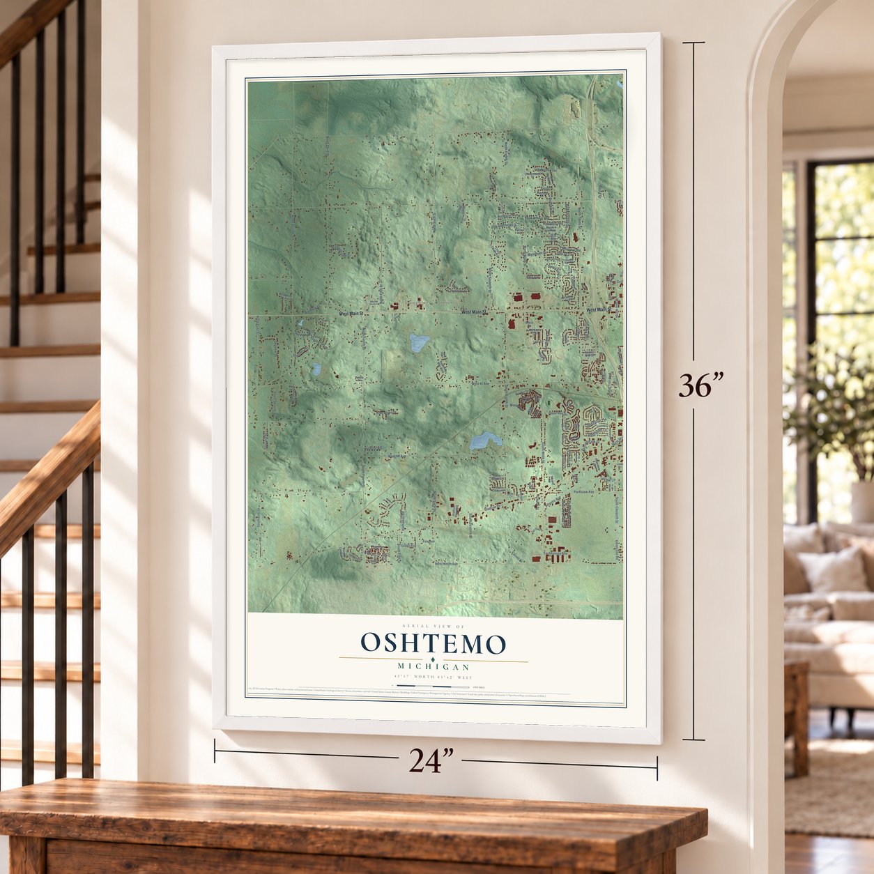Oshtemo, Michigan map, 24 x 36 inch print in a white frame by a staircase