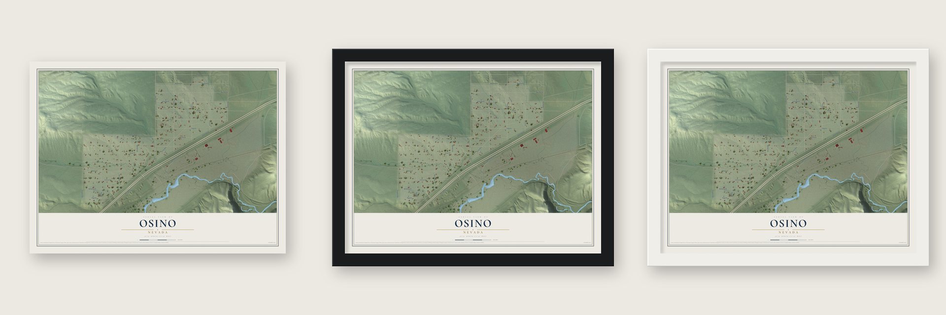 Osino, Nevada map unframed, in a black wood frame and in a white wood frame