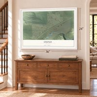 Osino, Nevada map, 24 x 36 inch print in a white frame above a dresser by a staircase