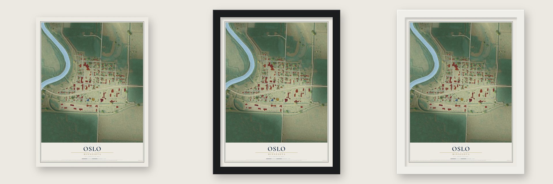 Oslo, Minnesota map unframed, in a black wood frame and in a white wood frame