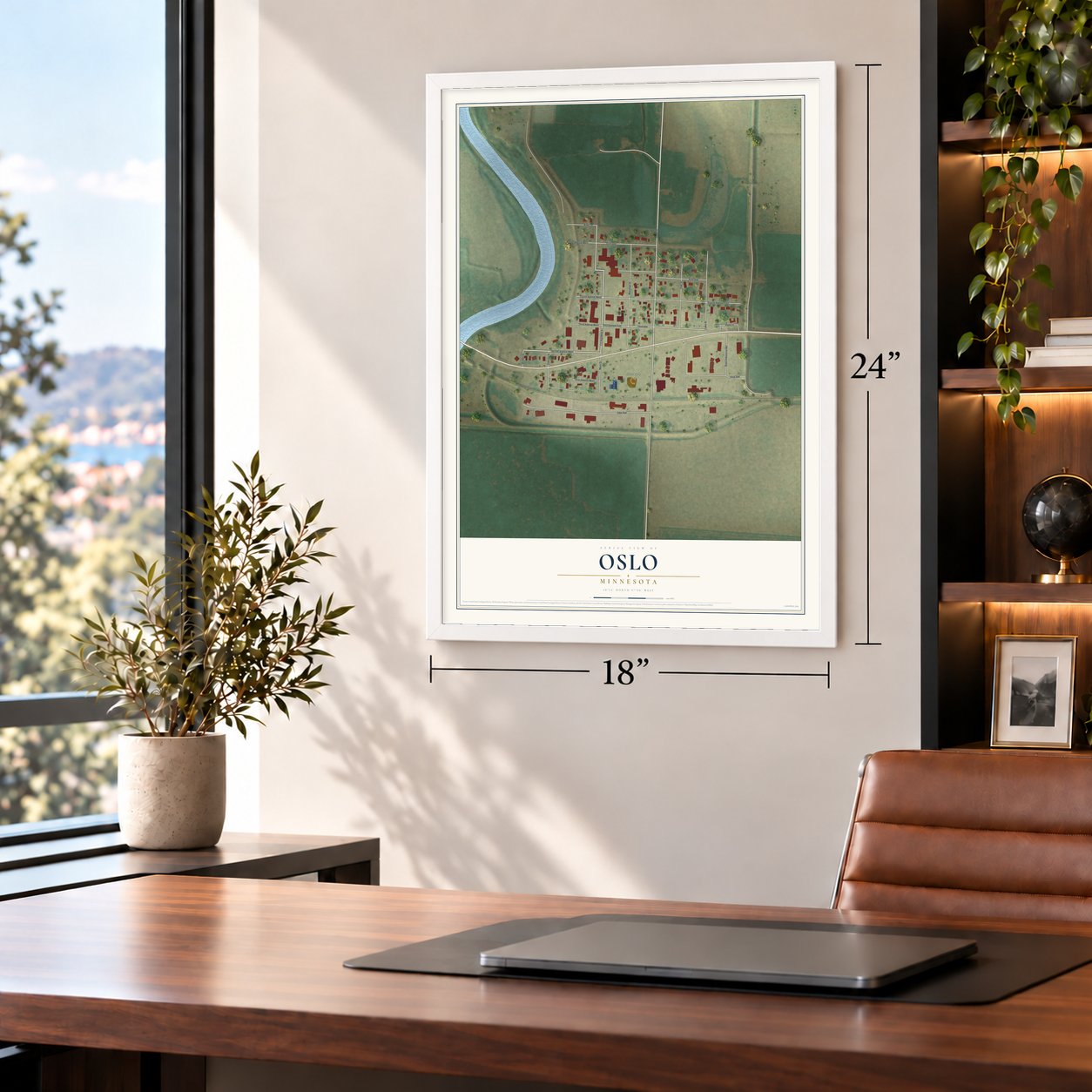 Oslo, Minnesota map, 18 x 24 inch print in a white frame in a home office