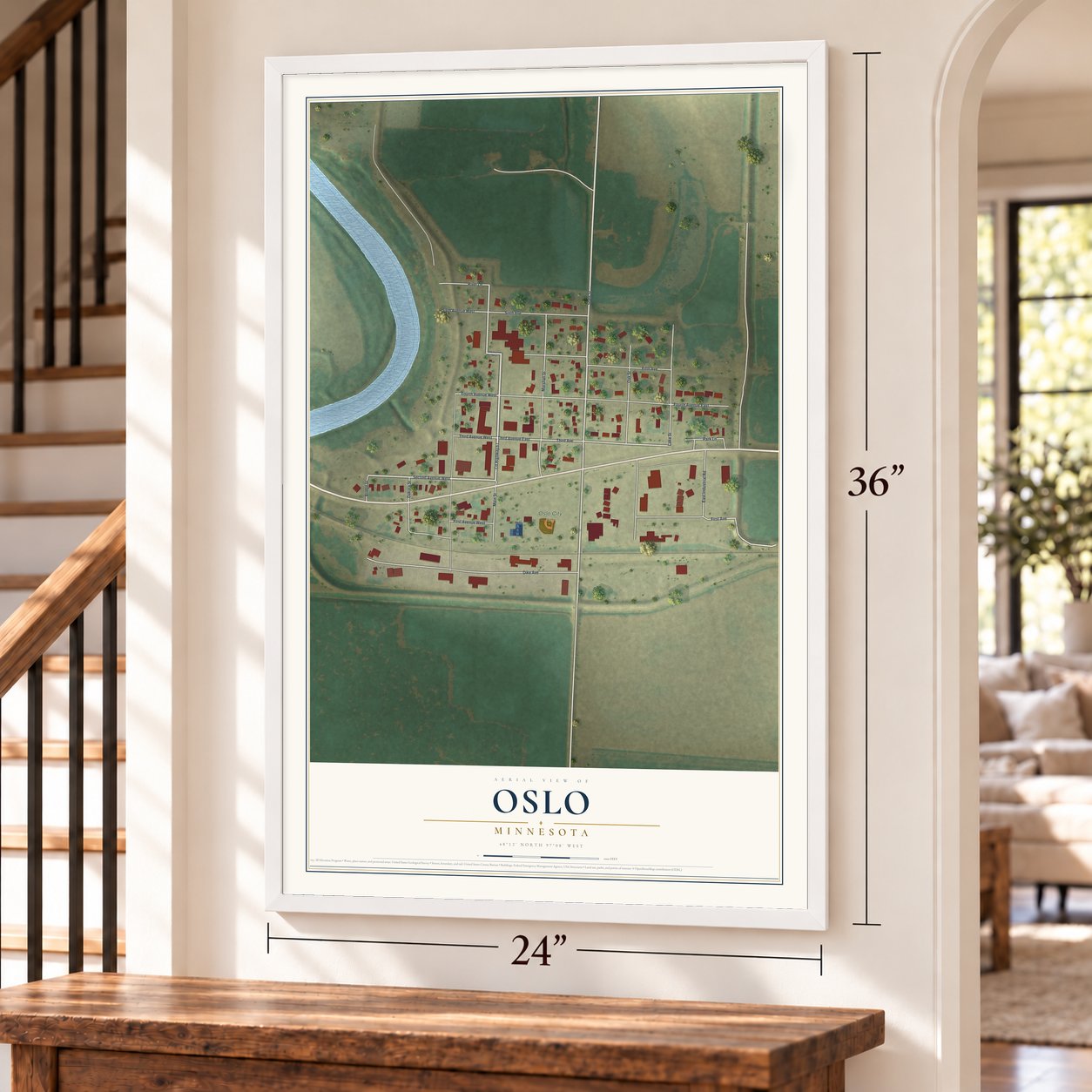 Oslo, Minnesota map, 24 x 36 inch print in a white frame by a staircase