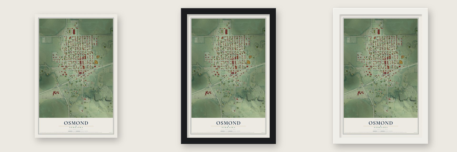 Osmond, Nebraska map unframed, in a black wood frame and in a white wood frame