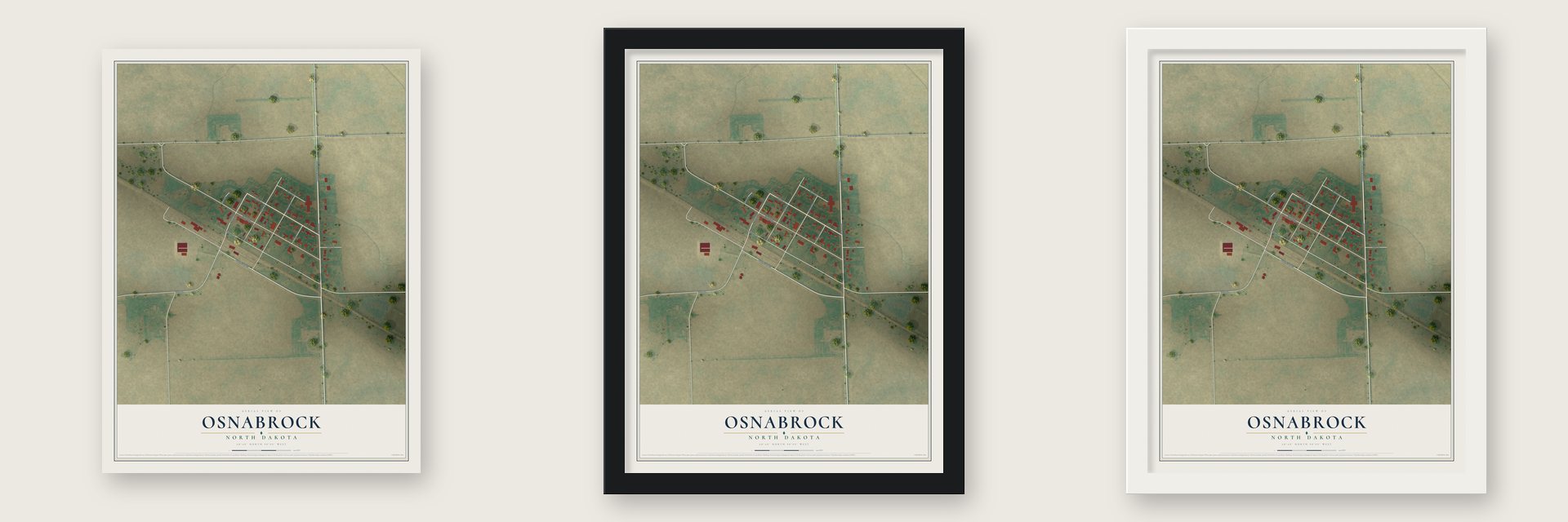 Osnabrock, North Dakota map unframed, in a black wood frame and in a white wood frame