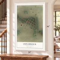 Osnabrock, North Dakota map, 24 x 36 inch print in a white frame by a staircase