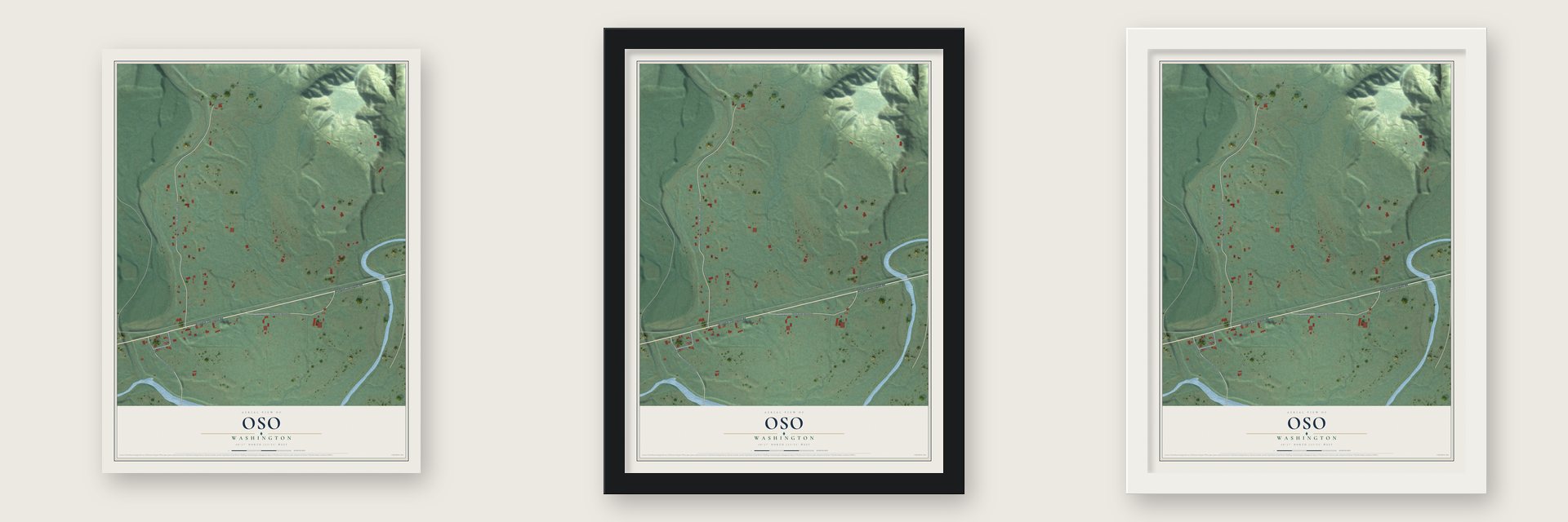 Oso, Washington map unframed, in a black wood frame and in a white wood frame