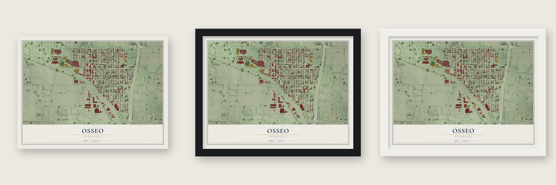 Osseo, Minnesota map unframed, in a black wood frame and in a white wood frame