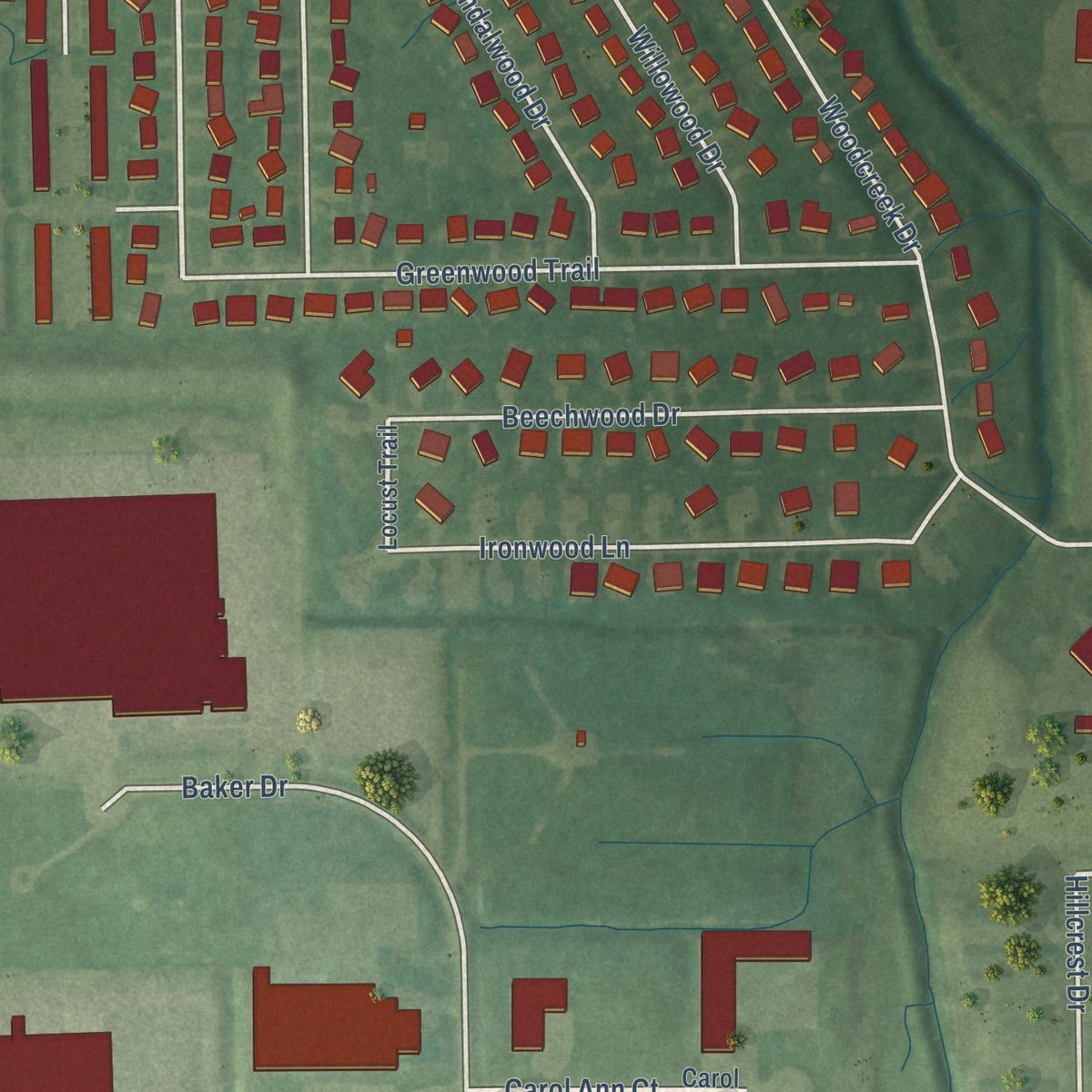 Second close-up of the map of Ossian, Indiana print showing more streets and buildings