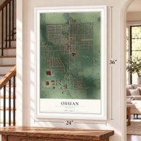 Ossian, Indiana map, 24 x 36 inch print in a white frame by a staircase
