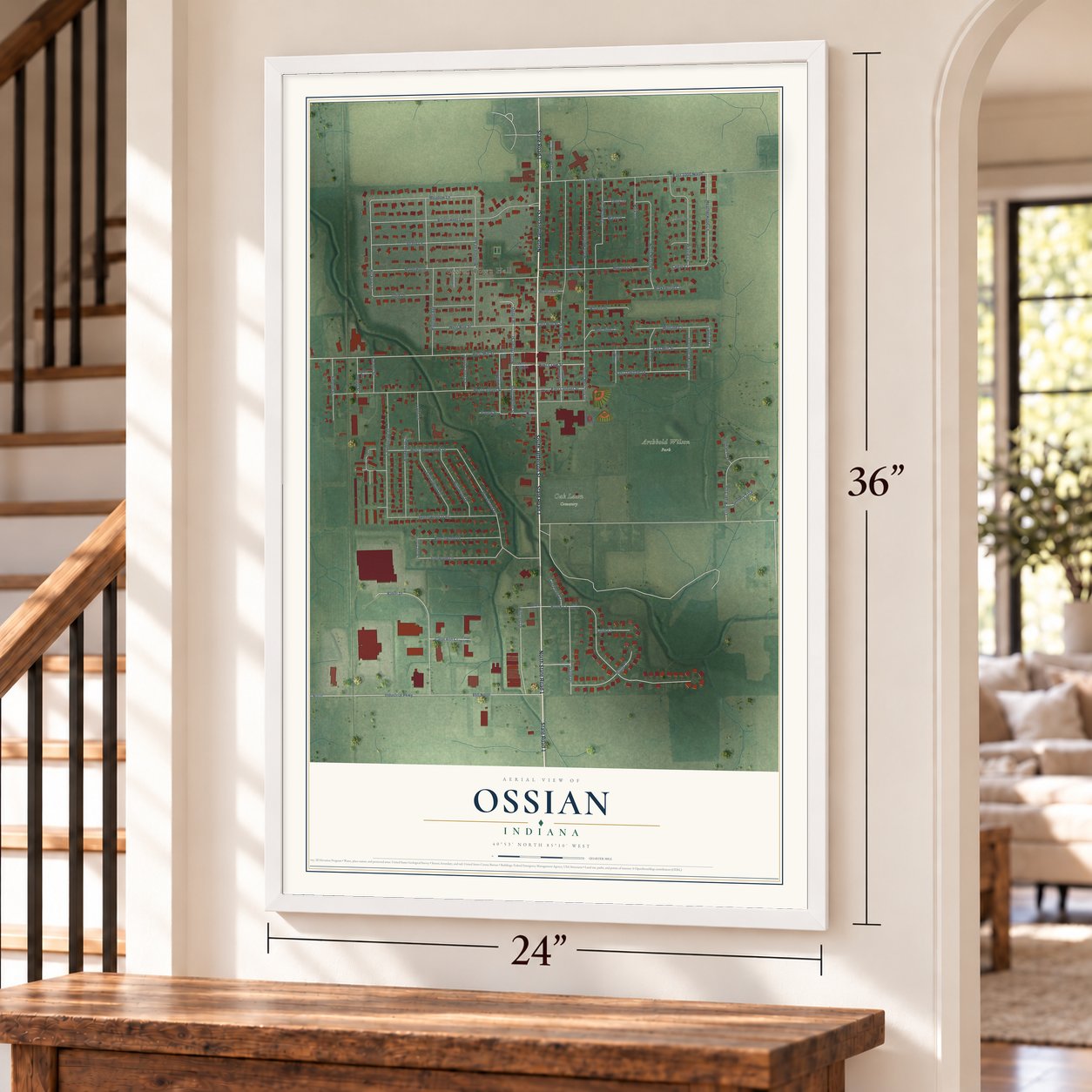 Ossian, Indiana map, 24 x 36 inch print in a white frame by a staircase
