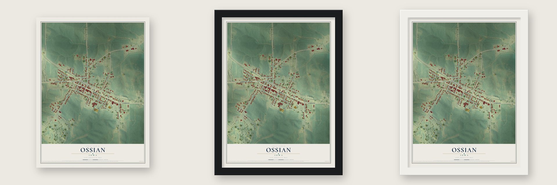 Ossian, Iowa map unframed, in a black wood frame and in a white wood frame