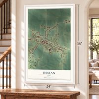 Ossian, Iowa map, 24 x 36 inch print in a white frame by a staircase
