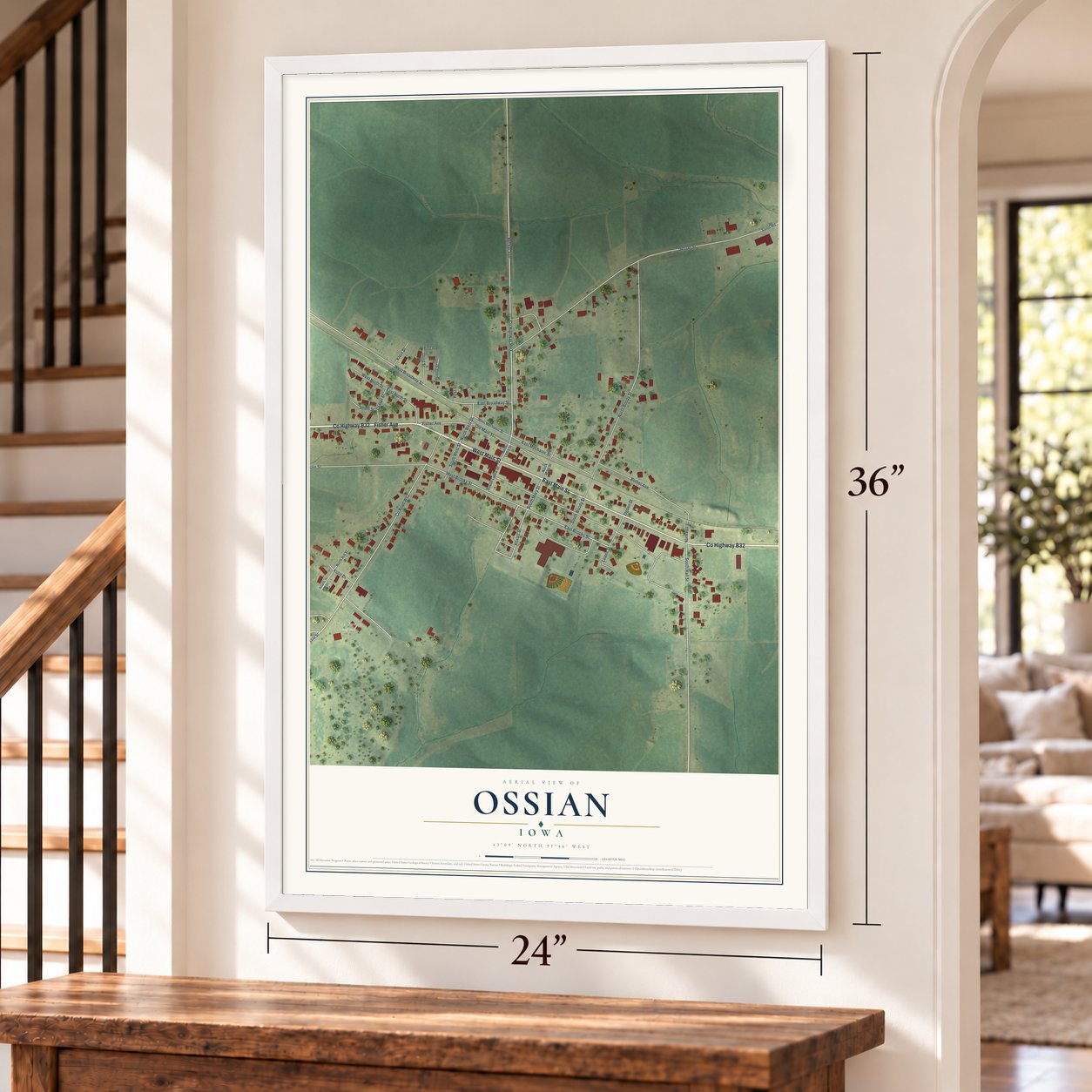 Ossian, Iowa map, 24 x 36 inch print in a white frame by a staircase