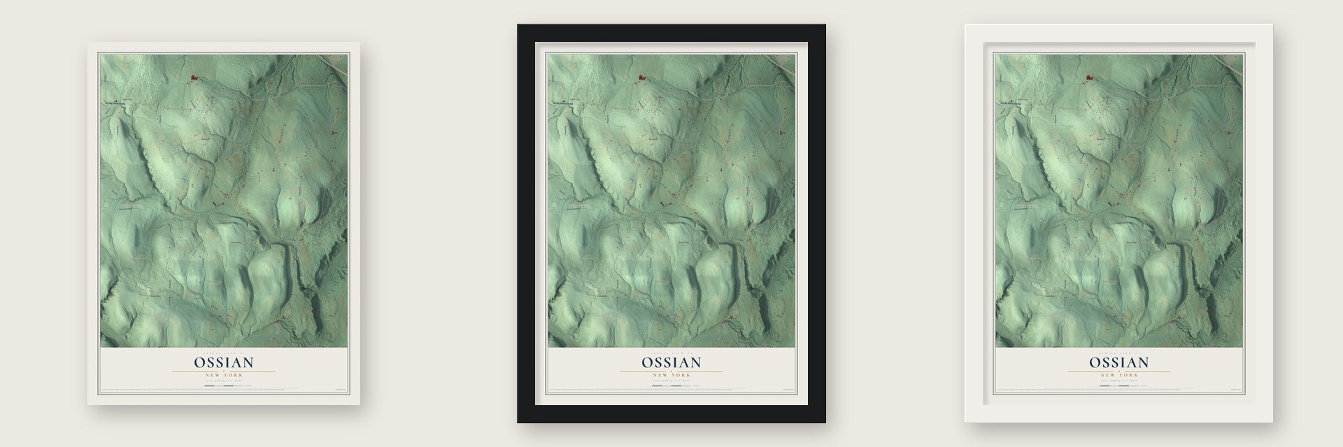 Ossian, New York map unframed, in a black wood frame and in a white wood frame