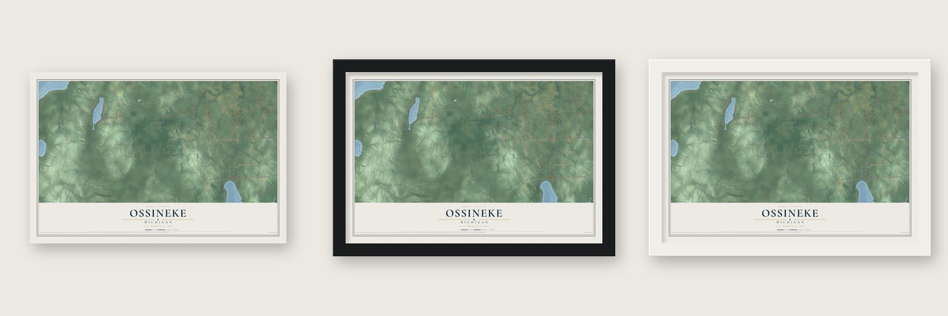 Ossineke, Michigan map unframed, in a black wood frame and in a white wood frame