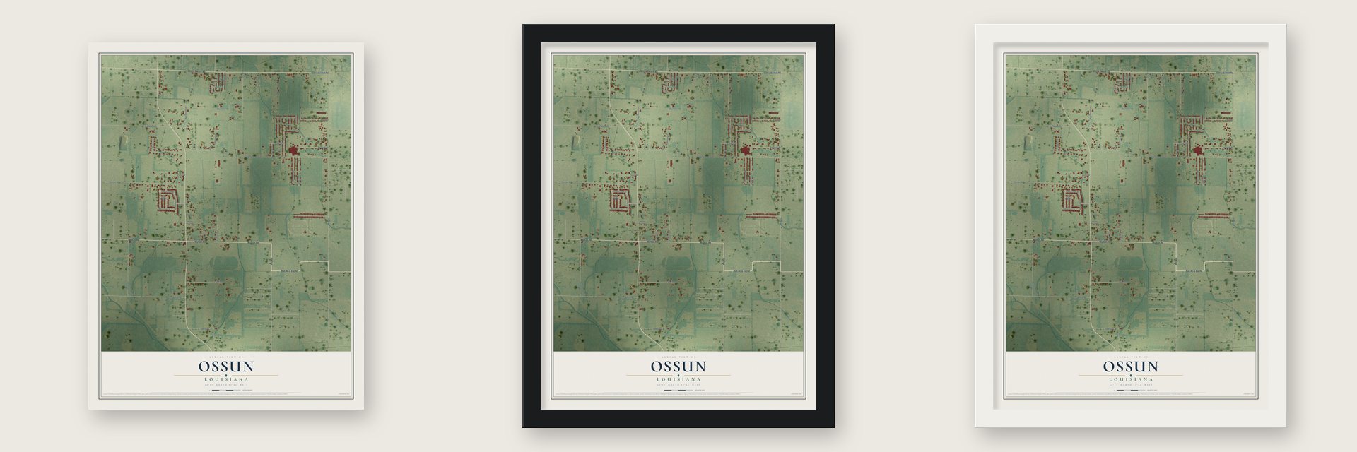 Ossun, Louisiana map unframed, in a black wood frame and in a white wood frame