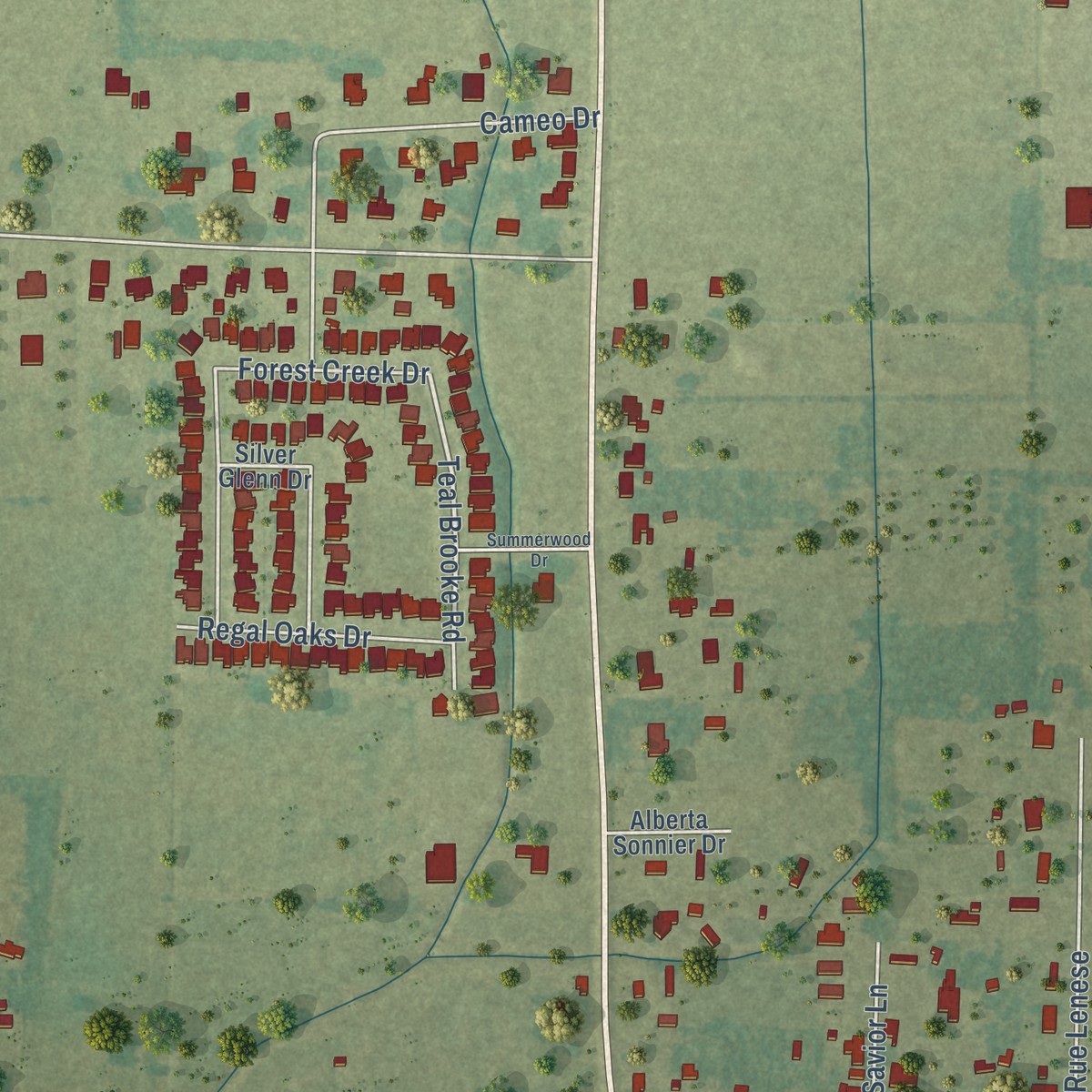 Second close-up of the map of Ossun, Louisiana print showing more streets and buildings