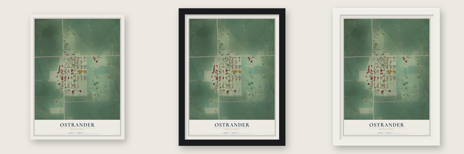 Ostrander, Minnesota map unframed, in a black wood frame and in a white wood frame