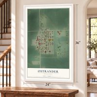 Ostrander, Minnesota map, 24 x 36 inch print in a white frame by a staircase