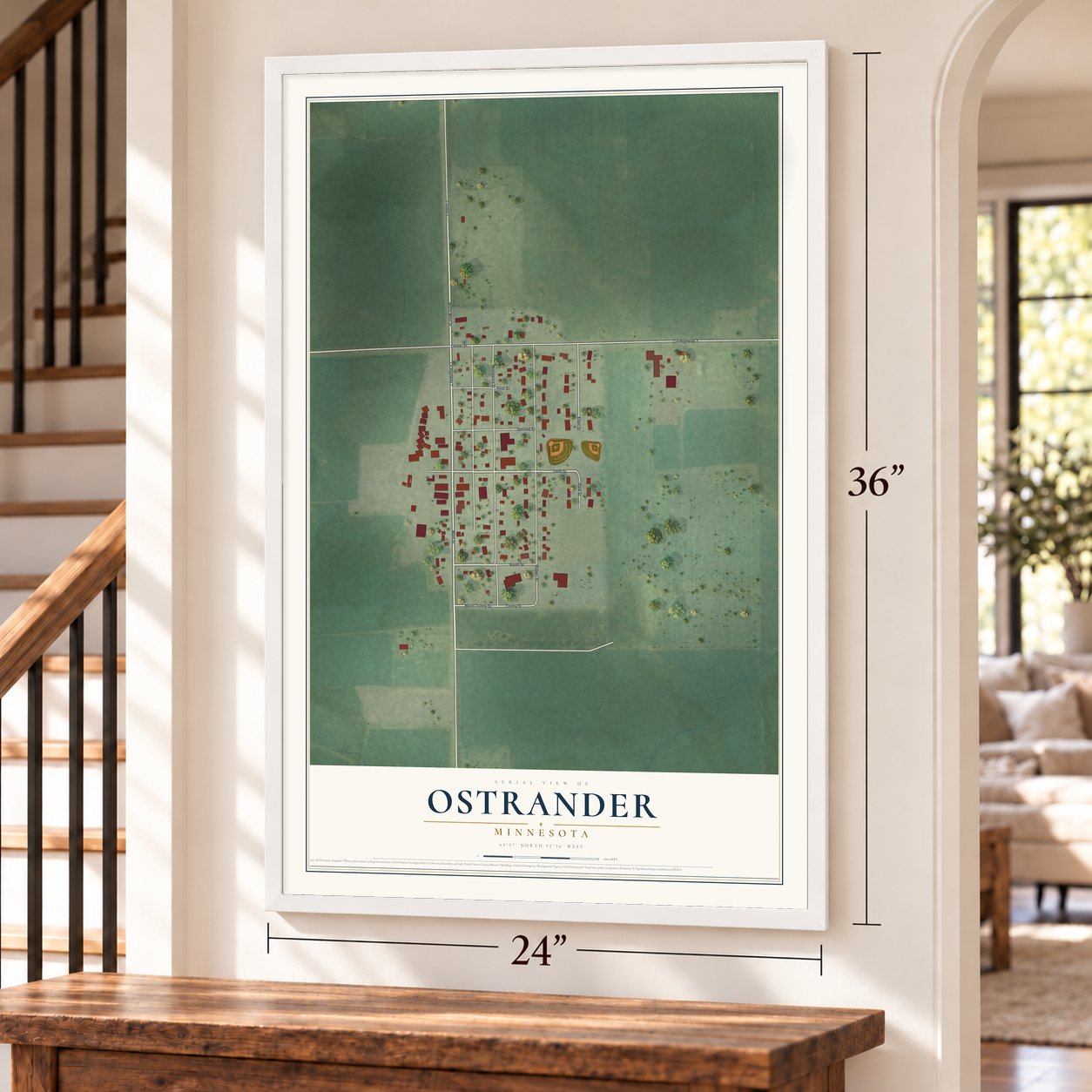 Ostrander, Minnesota map, 24 x 36 inch print in a white frame by a staircase