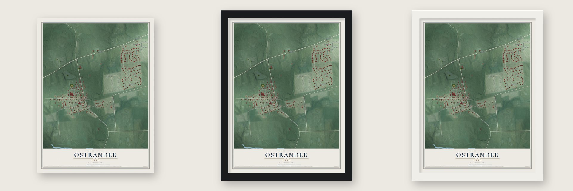 Ostrander, Ohio map unframed, in a black wood frame and in a white wood frame