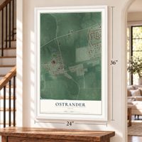 Ostrander, Ohio map, 24 x 36 inch print in a white frame by a staircase