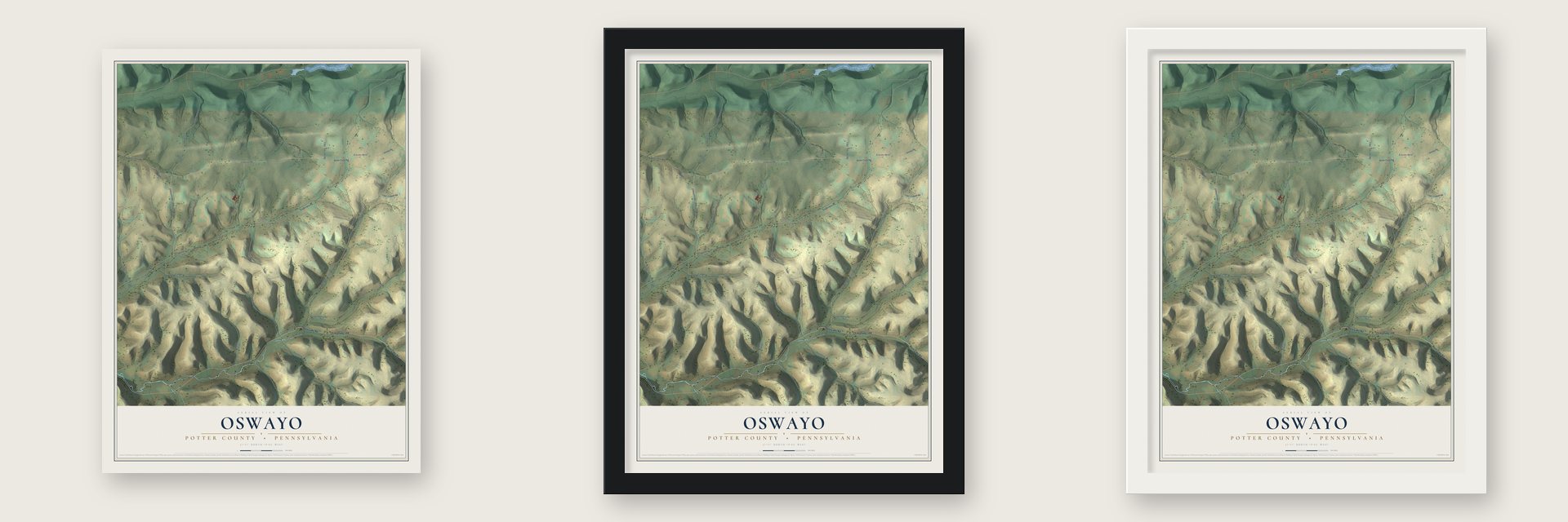 Oswayo, Potter County, Pennsylvania map unframed, in a black wood frame and in a white wood frame
