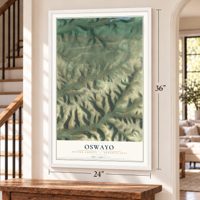 Oswayo, Potter County, Pennsylvania map, 24 x 36 inch print in a white frame by a staircase