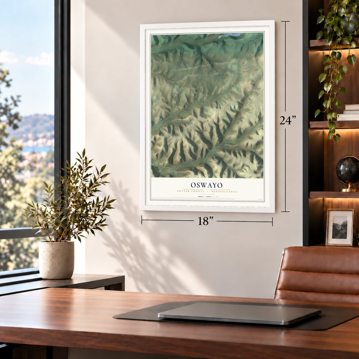 Oswayo, Potter County, Pennsylvania map, 18 x 24 inch print in a white frame in a home office