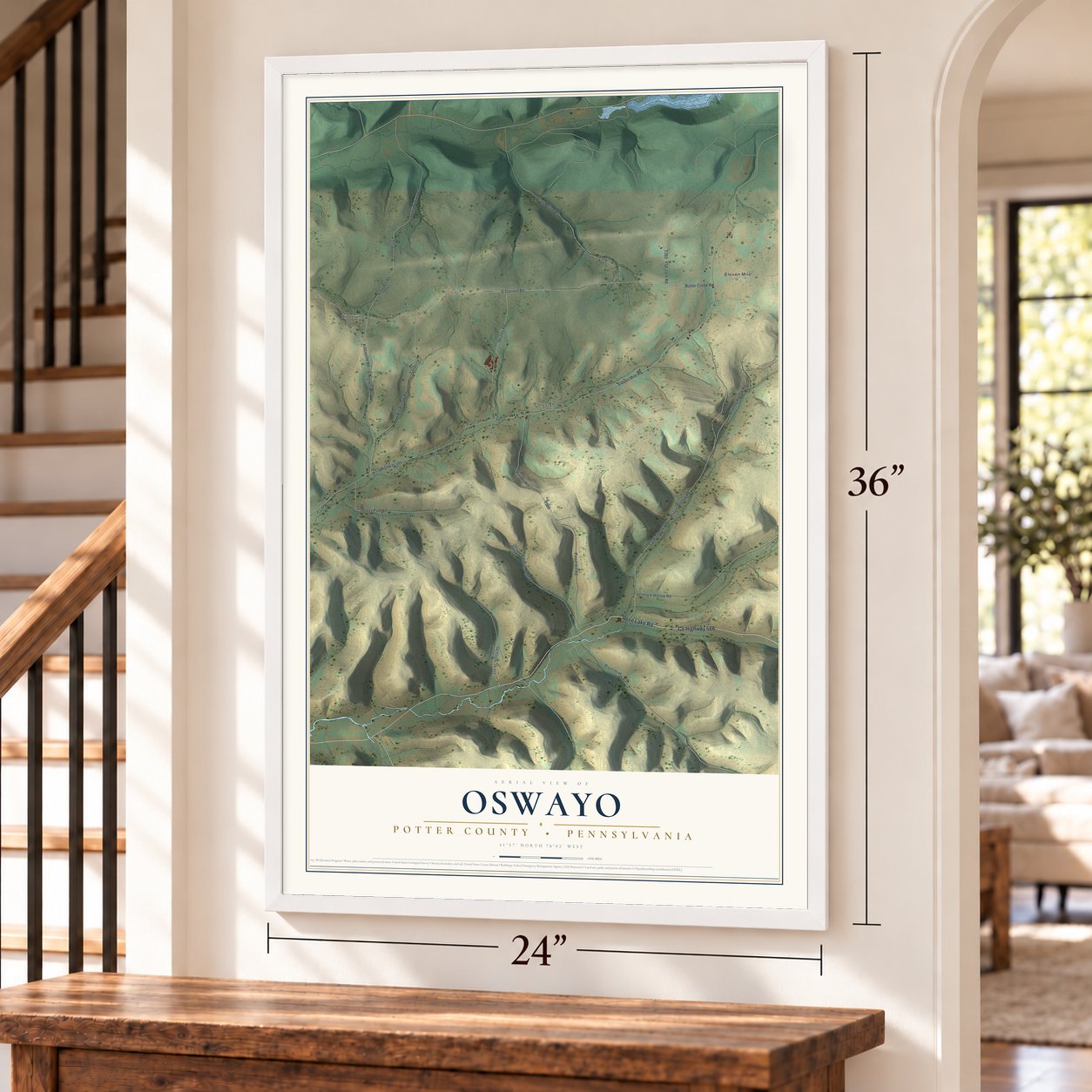 Oswayo, Potter County, Pennsylvania map, 24 x 36 inch print in a white frame by a staircase