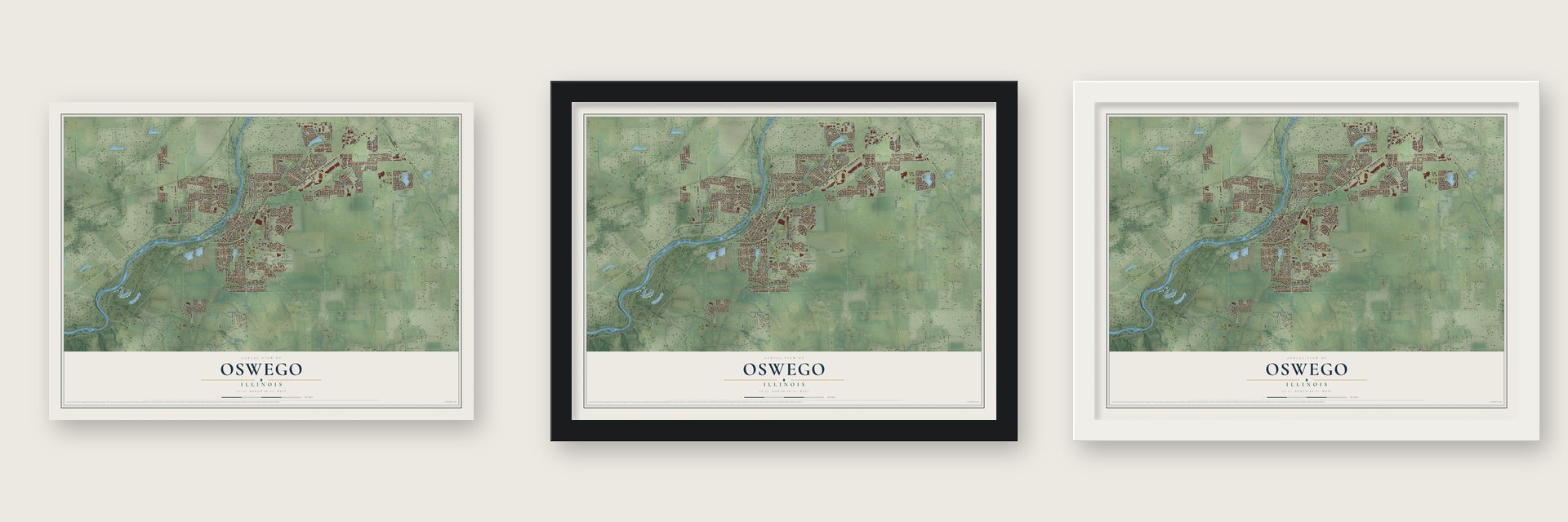 Oswego, Illinois map unframed, in a black wood frame and in a white wood frame