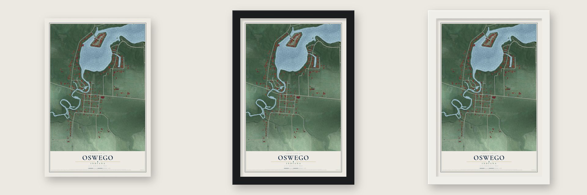 Oswego, Indiana map unframed, in a black wood frame and in a white wood frame