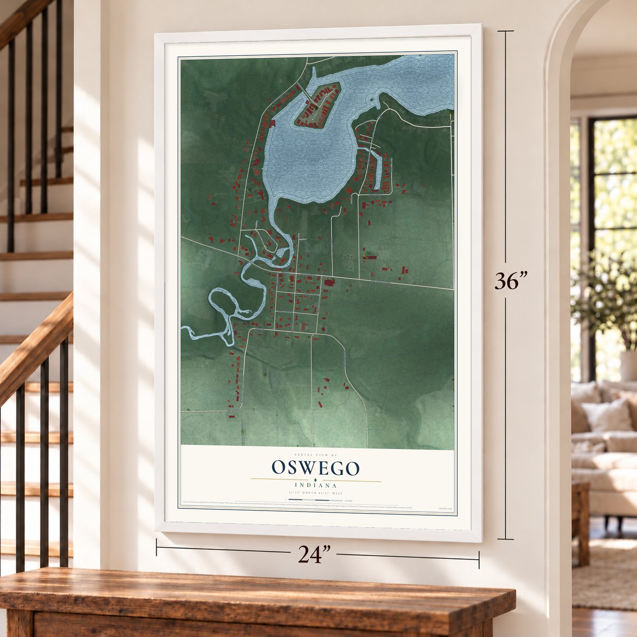 Oswego, Indiana map, 24 x 36 inch print in a white frame by a staircase