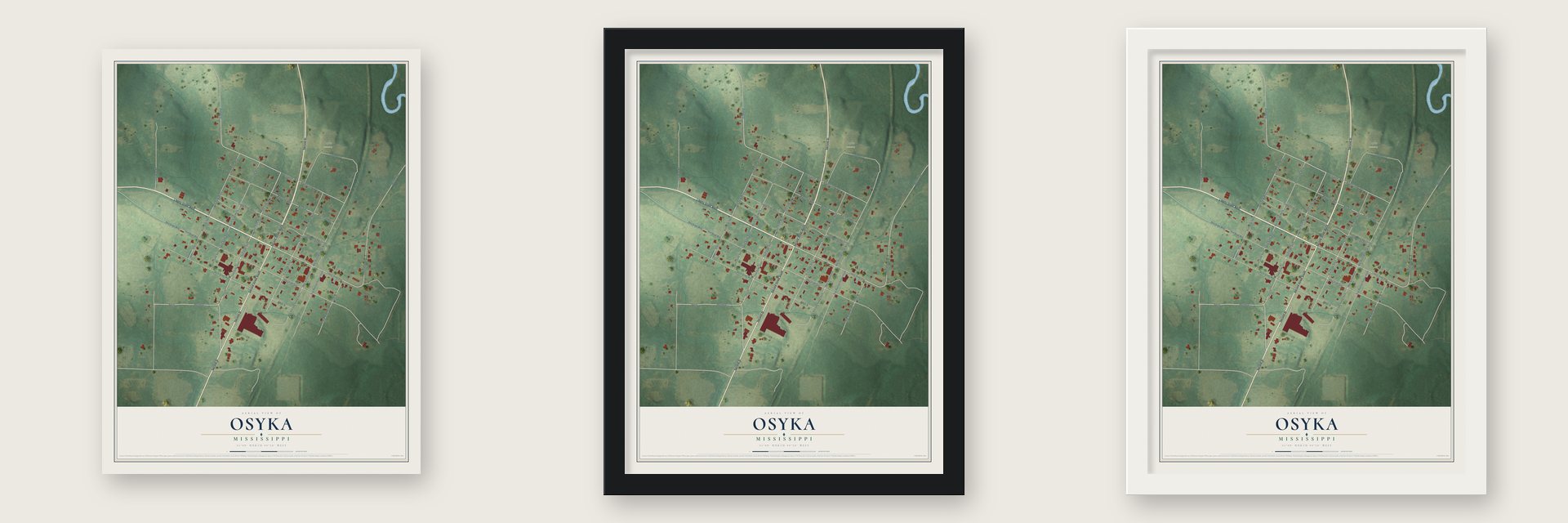 Osyka, Mississippi map unframed, in a black wood frame and in a white wood frame