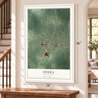 Osyka, Mississippi map, 24 x 36 inch print in a white frame by a staircase