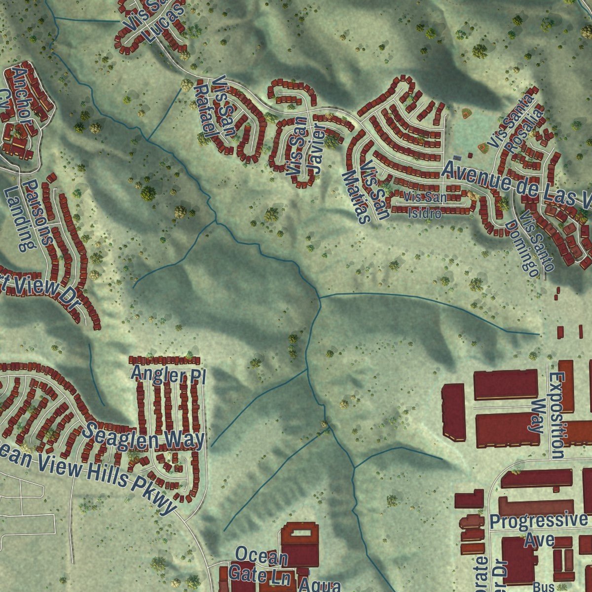 Second close-up of the map of Otay Mesa, California print showing more streets and buildings