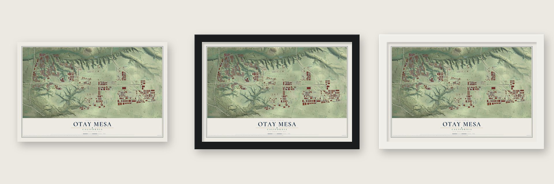 Otay Mesa, California map unframed, in a black wood frame and in a white wood frame