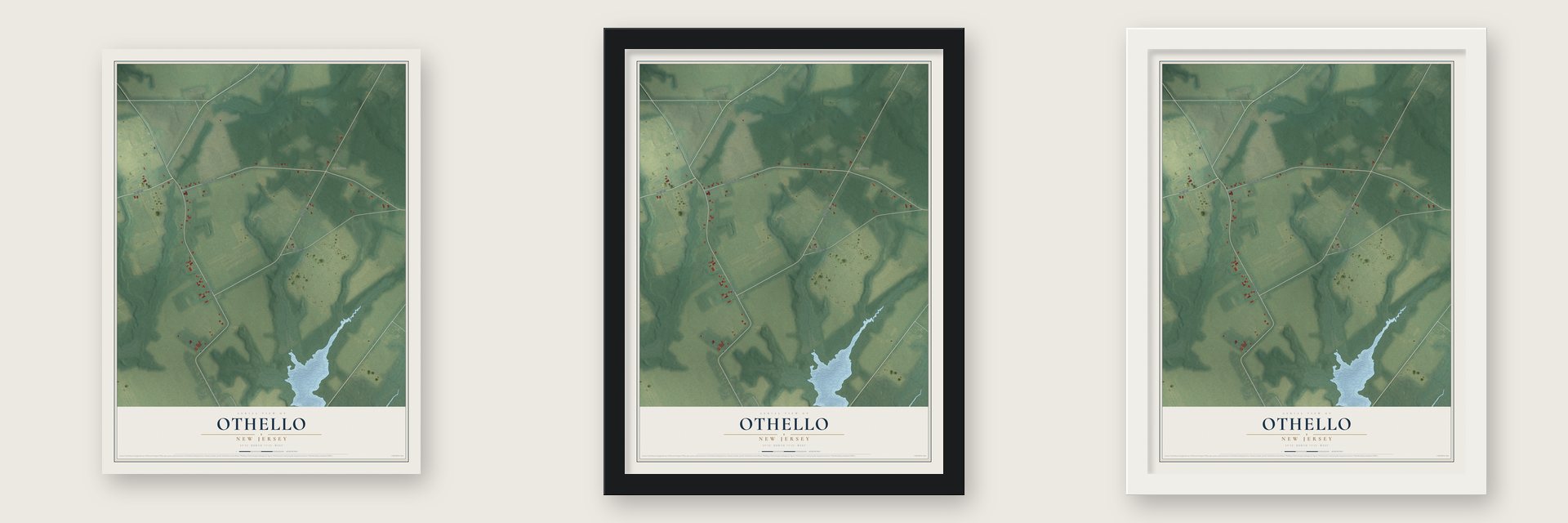 Othello, New Jersey map unframed, in a black wood frame and in a white wood frame