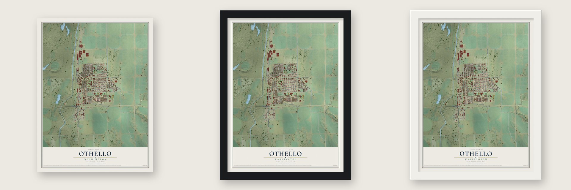 Othello, Washington map unframed, in a black wood frame and in a white wood frame