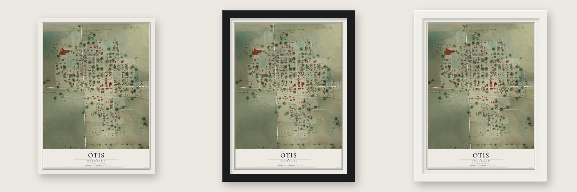 Otis, Colorado map unframed, in a black wood frame and in a white wood frame