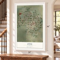 Otis, Colorado map, 24 x 36 inch print in a white frame by a staircase