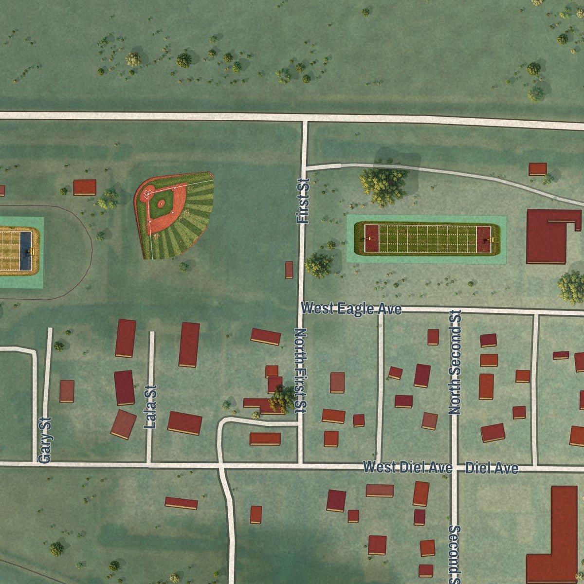 Second close-up of the map of Otis, Kansas print showing more streets and buildings