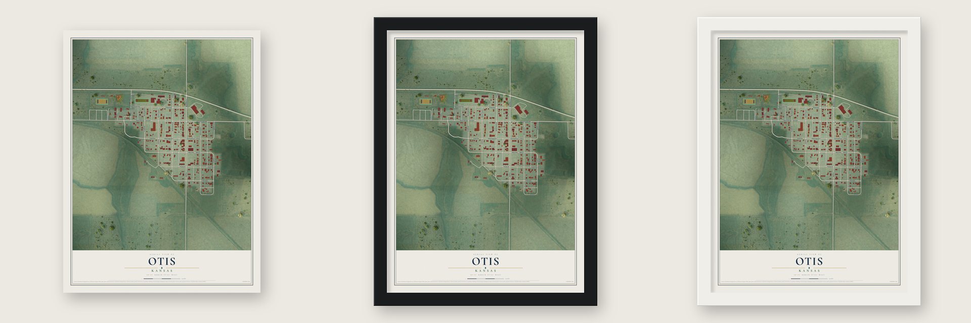 Otis, Kansas map unframed, in a black wood frame and in a white wood frame