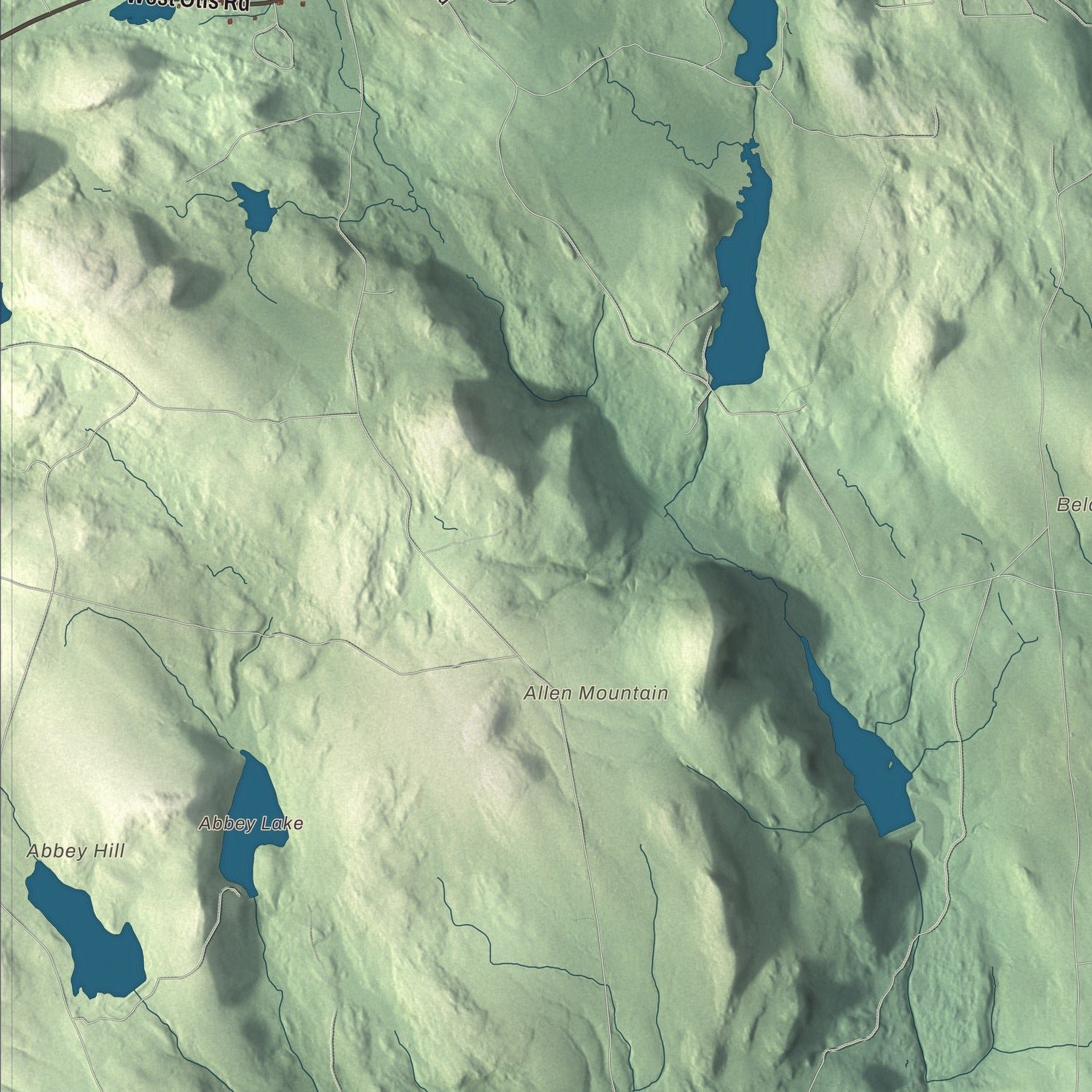 Close-up of the map of Otis, Massachusetts print showing terrain and local geography