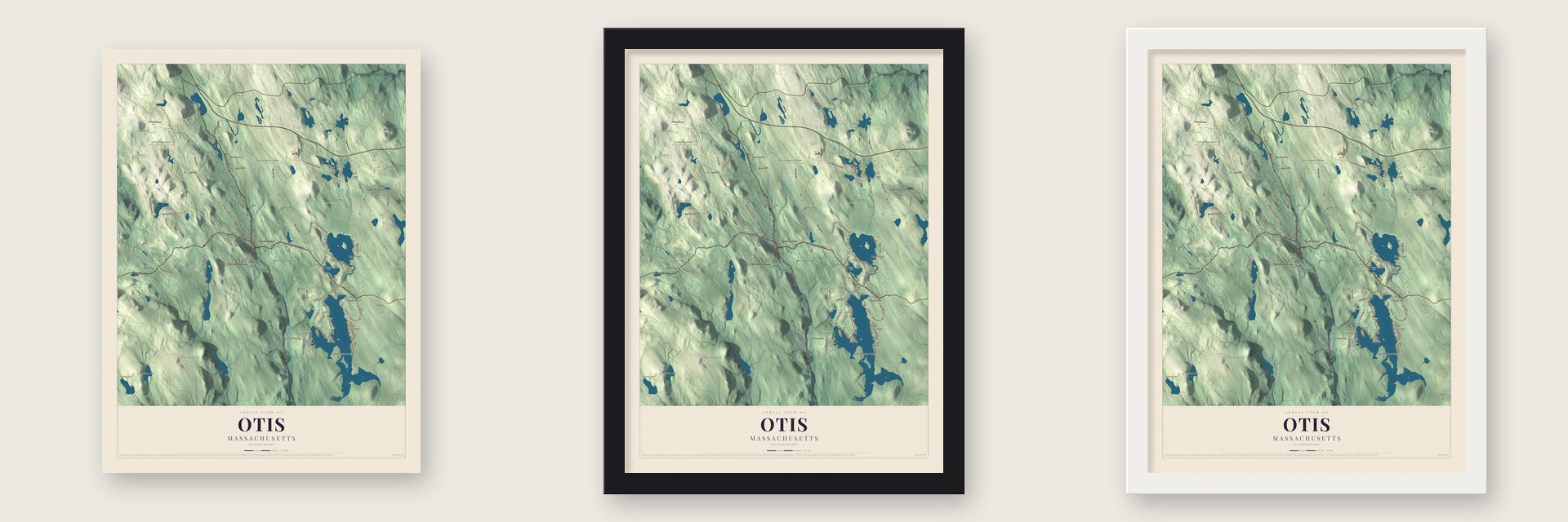 Otis, Massachusetts map unframed, in a black wood frame and in a white wood frame