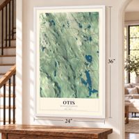 Otis, Massachusetts map, 24 x 36 inch print in a white frame by a staircase