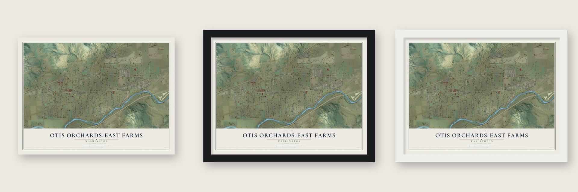Otis Orchards-East Farms, Washington map unframed, in a black wood frame and in a white wood frame