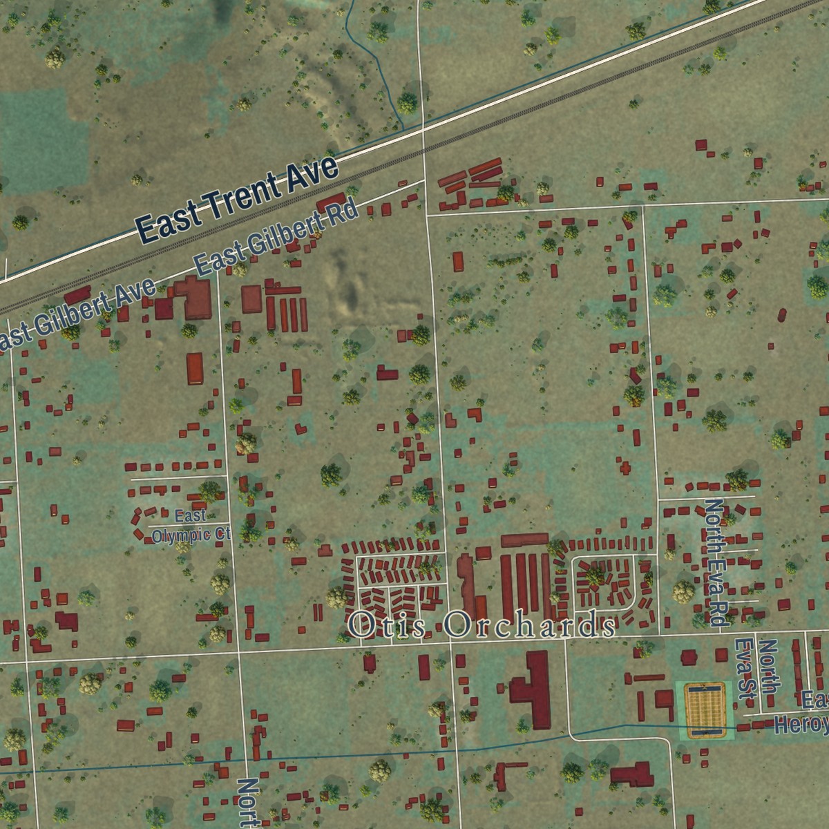 Second close-up of the map of Otis Orchards-East Farms, Washington print showing more streets and buildings