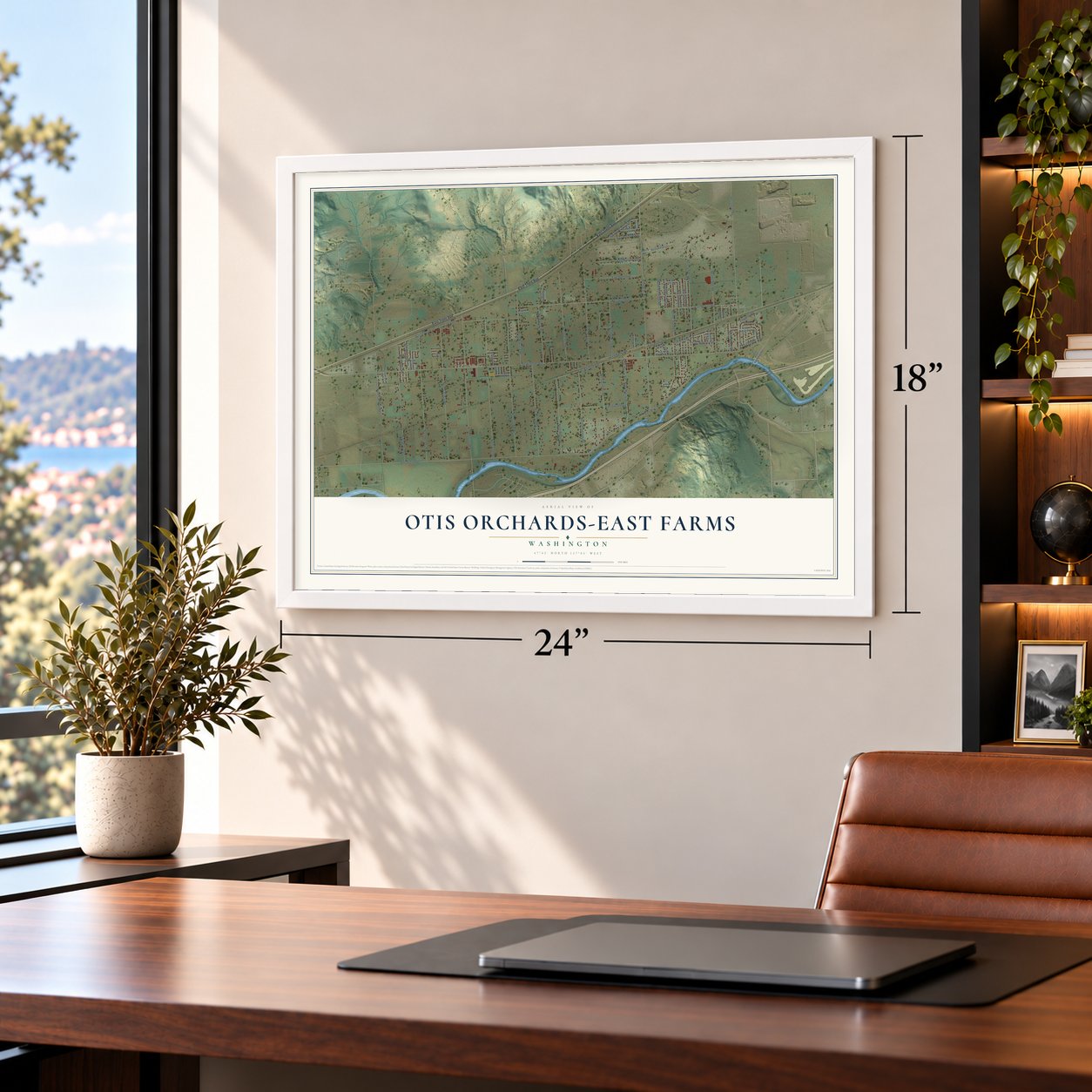 Otis Orchards-East Farms, Washington map, 18 x 24 inch print in a white frame in a home office