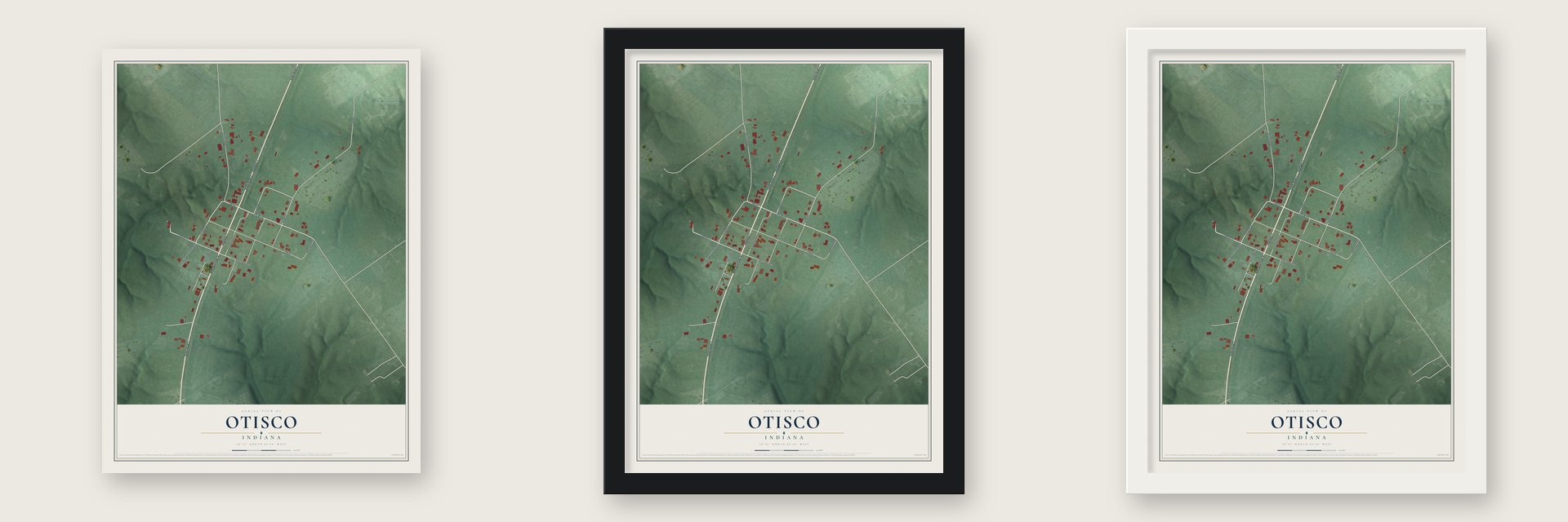 Otisco, Indiana map unframed, in a black wood frame and in a white wood frame